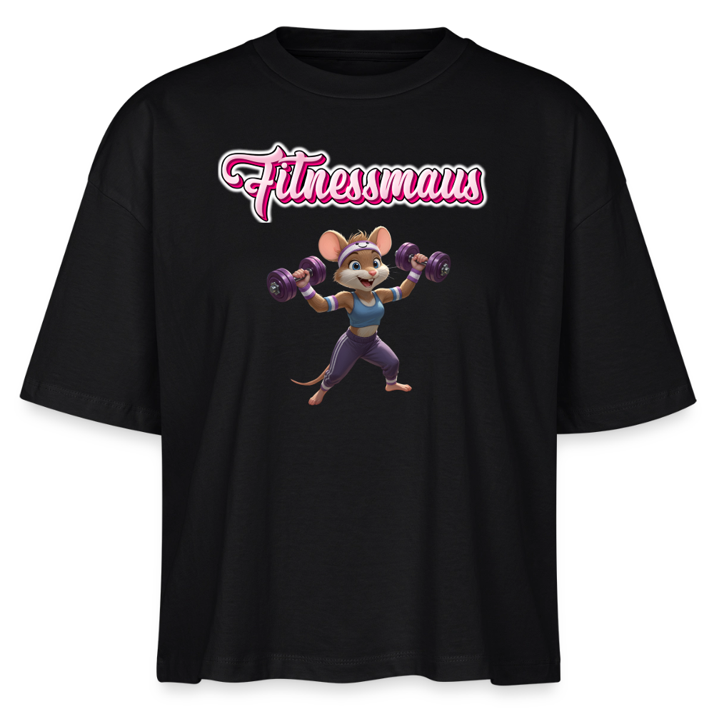 Oversized 'Fitnessmaus' Frauen Shirt (Frontprint) - Schwarz