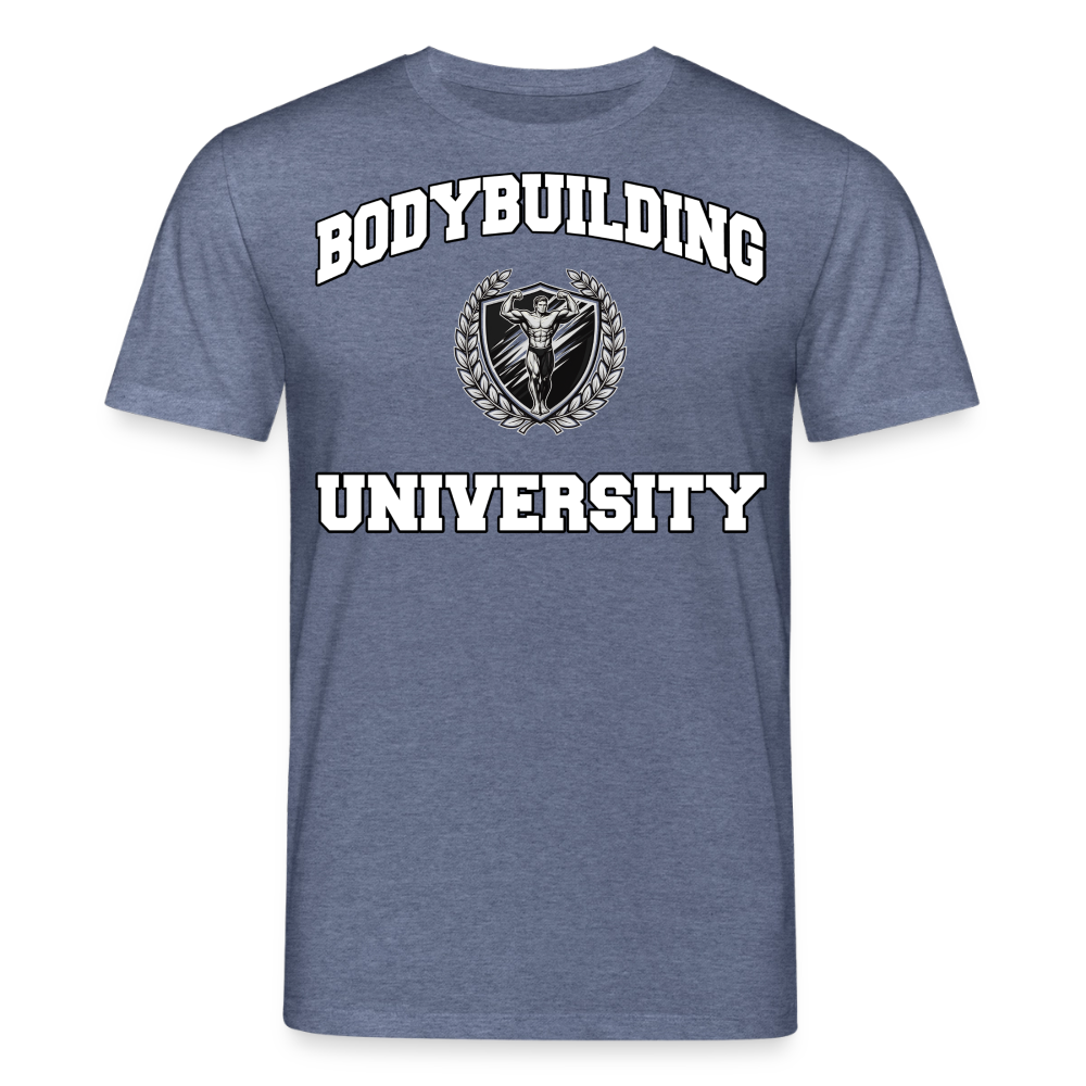 Medium Fit 'Bodybuilding University' T Shirt (Frontprint) - Dunkelblau meliert