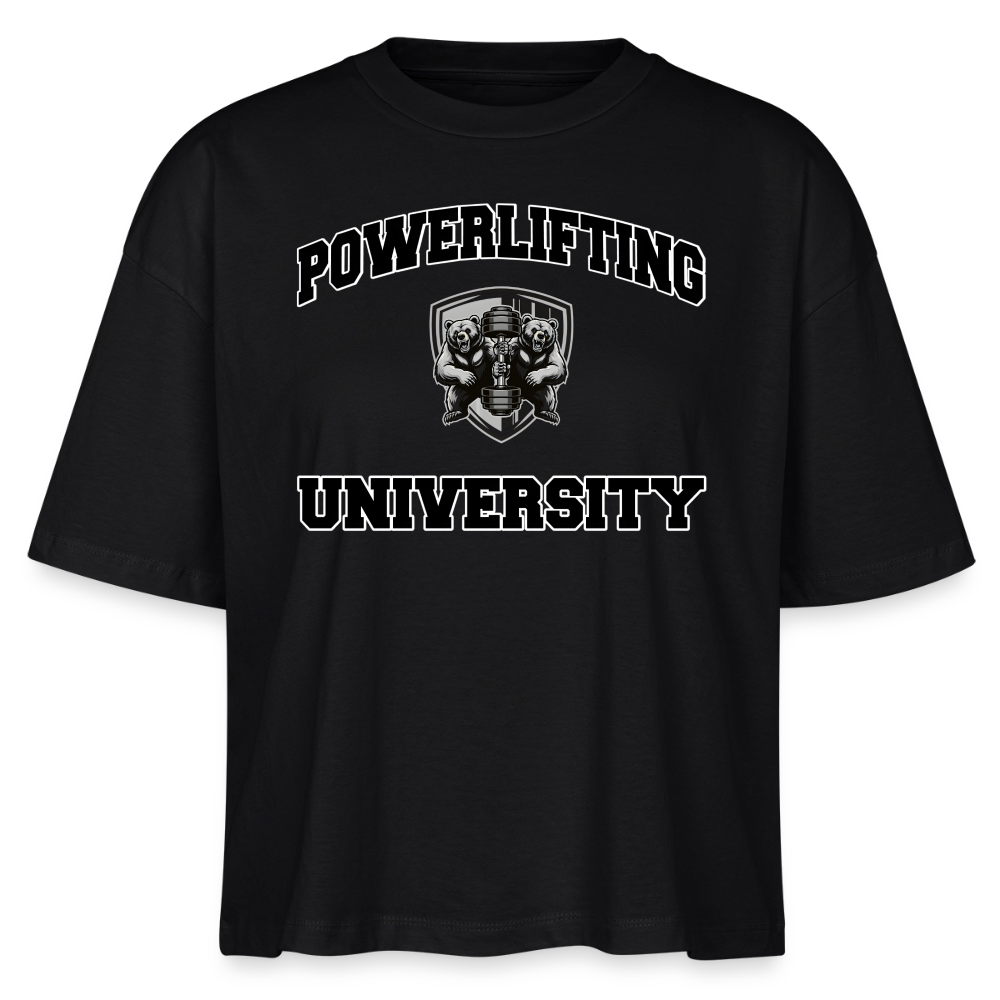 Oversized 'Powerlifting University' Frauen Shirt (Frontprint) - Schwarz