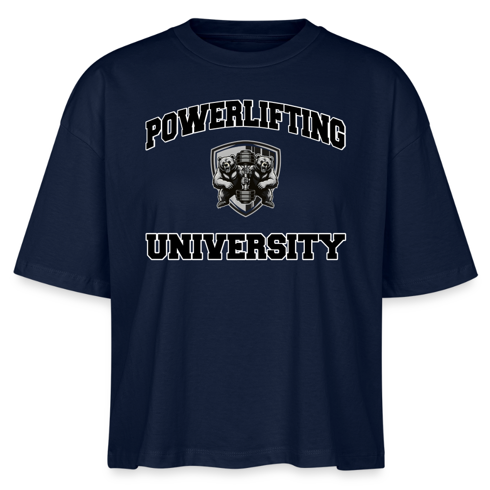 Oversized 'Powerlifting University' Frauen Shirt (Frontprint) - Navy