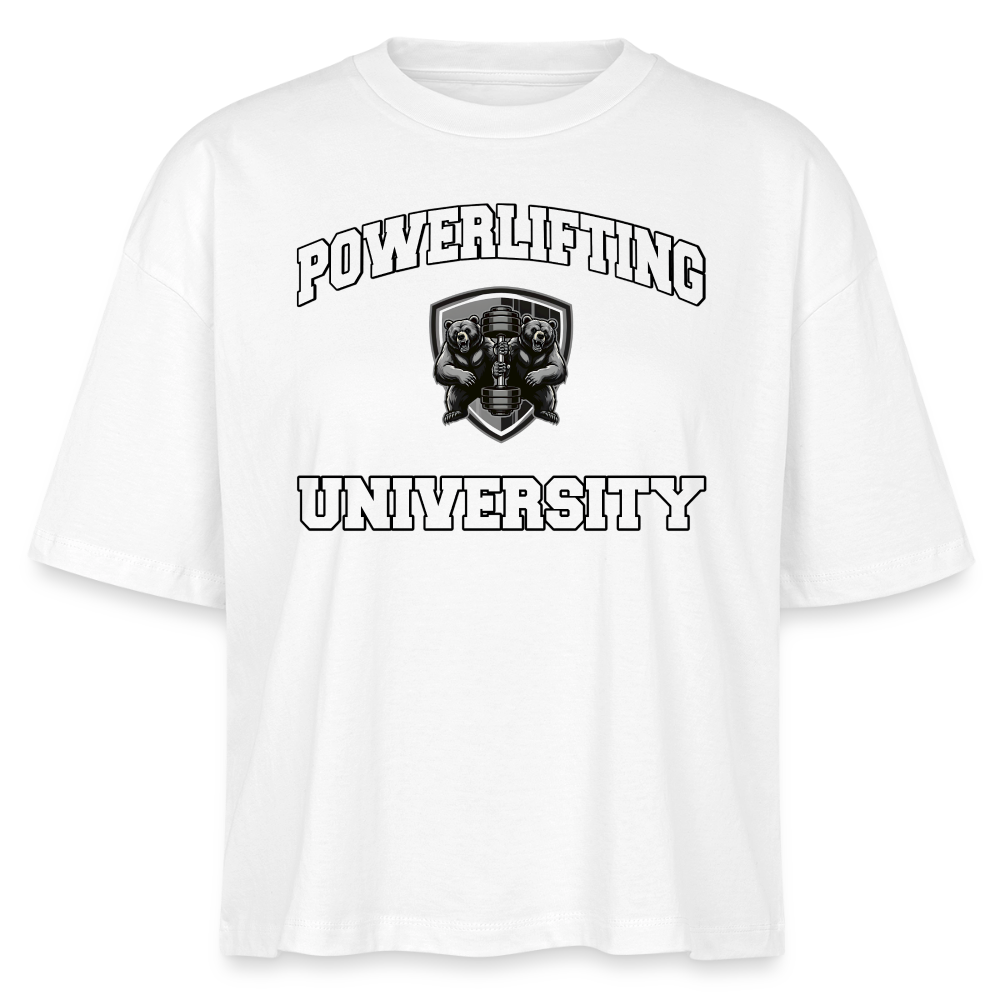 Oversized 'Powerlifting University' Frauen Shirt (Frontprint) - Weiß