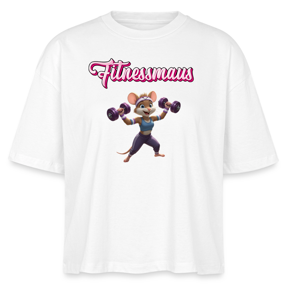 Oversized 'Fitnessmaus' Frauen Shirt (Frontprint) - Weiß