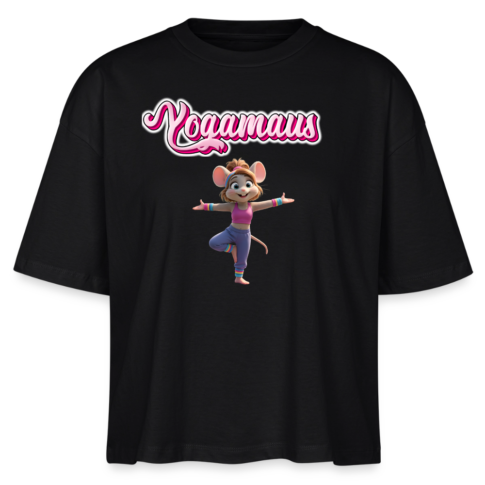 Oversized 'Yogamaus' Frauen Shirt (Frontprint) - Schwarz