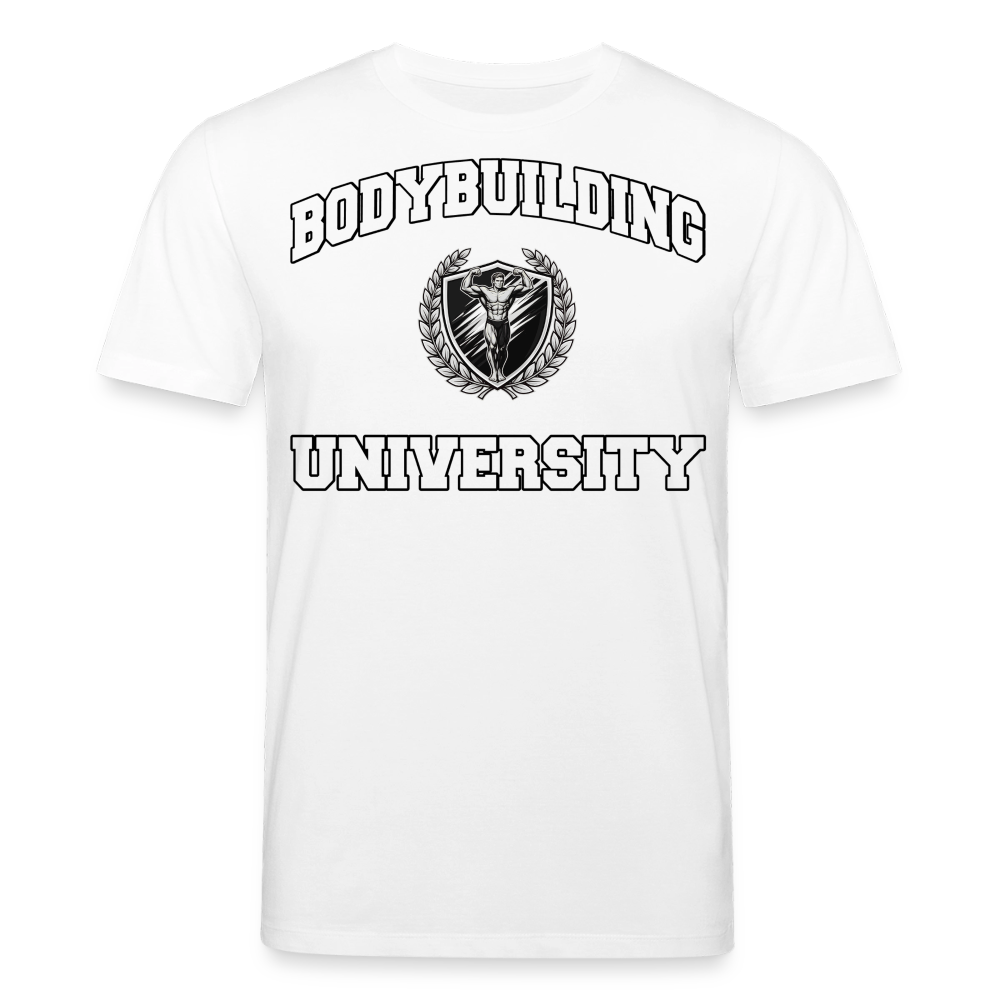 Medium Fit 'Bodybuilding University' T Shirt (Frontprint) - Weiß